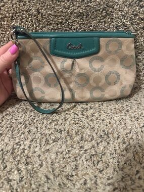 Coach Ashley Dotted Op Art large wristlet in khaki and Aegean green